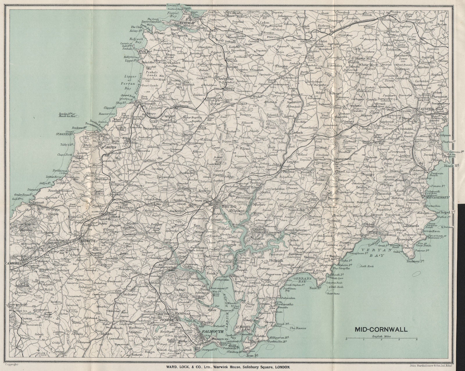 MID-CORNWALL. Carrick Roads Truro Newquay Redruth Falmouth St Austell 1924 map